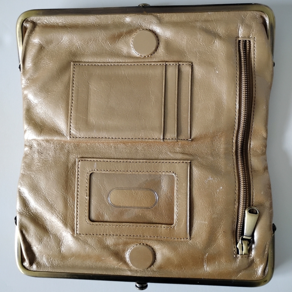HOBO  Leather Lauren Wallet Kiss Lock Metallic Gold Folding  Classic Clutch - Picture 8 of 12